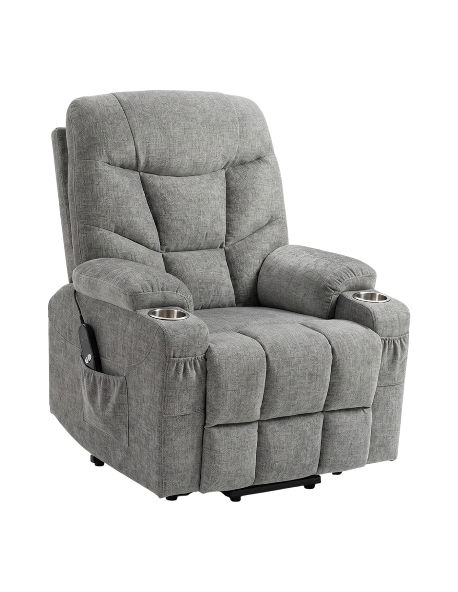 Sillón Reclinable Elevador Eléctrico Reposet Weimar Gris con Masaje, Calefacción, Portavasos y Bolsillos Laterales