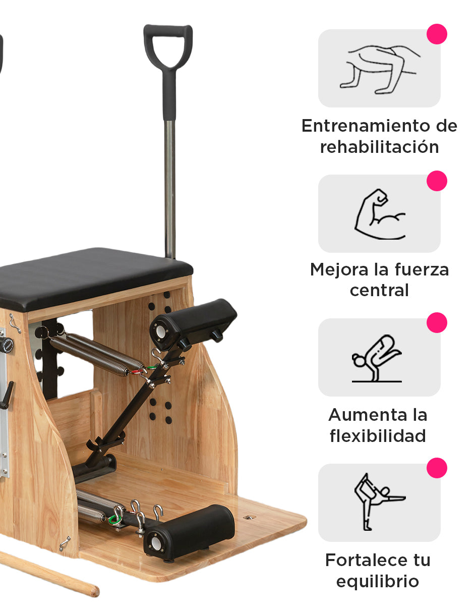 Silla Wunda de Pilates Combinada Vanlig® con Asas Regulables y Pedales Divididos de Madera