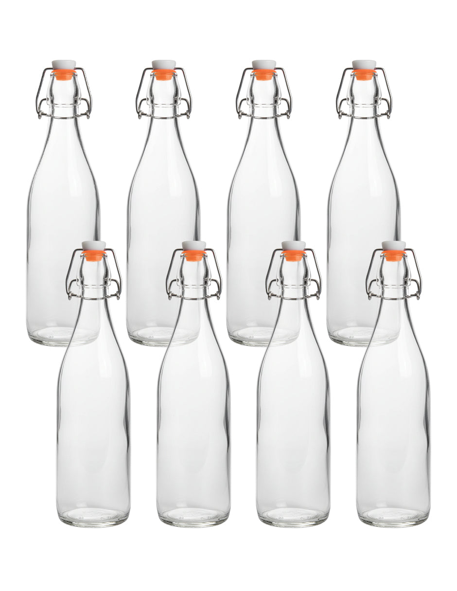 Botella de Vidrio de 1 Litro (8 Pzs) - Tapón Hermético para Bebidas y Fermentados