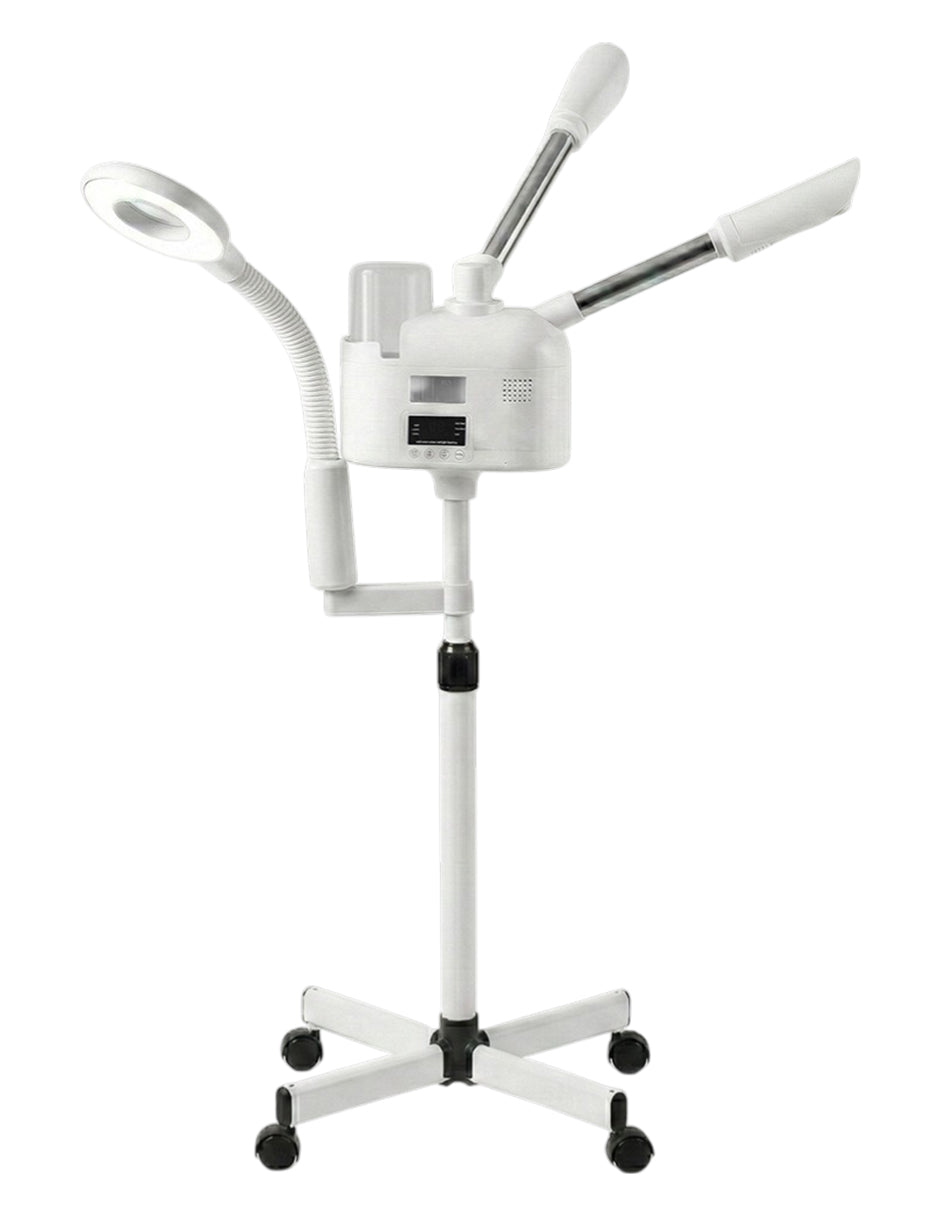 Vaporizador Facial Profesional Ellen Blanco – Equipo para Spa con Lámpara Flexible y de Aumento 5x