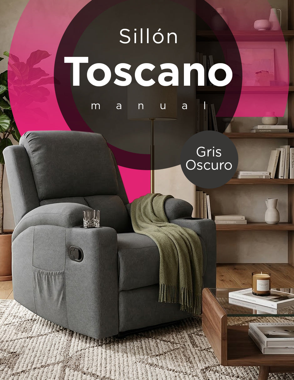 Sillón Reposet Reclinable Manual Toscano Gris Oscuro Tapizado en Tela de Poliéster
