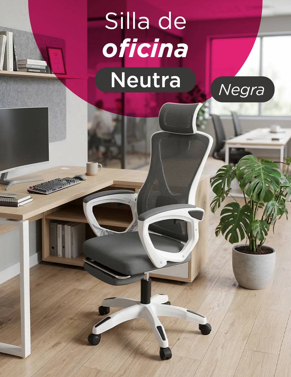 Silla de Oficina Ergonómica Neutra Vanlig en Malla Negra con Reposapiernas Ajustable, Soporte Lumbar y Cabecera