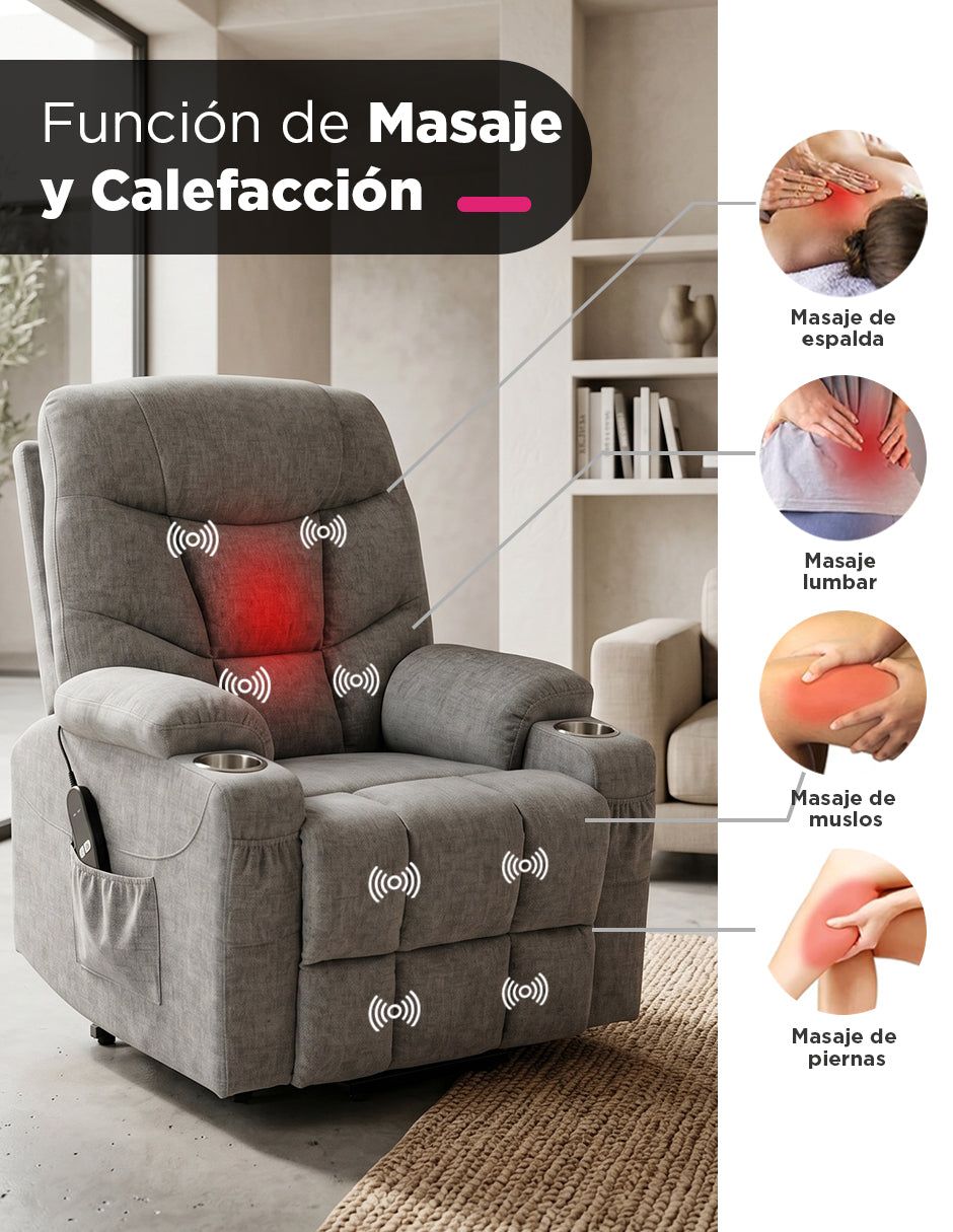 Sillón Reclinable Elevador Eléctrico Reposet Weimar Gris con Masaje, Calefacción, Portavasos y Bolsillos Laterales