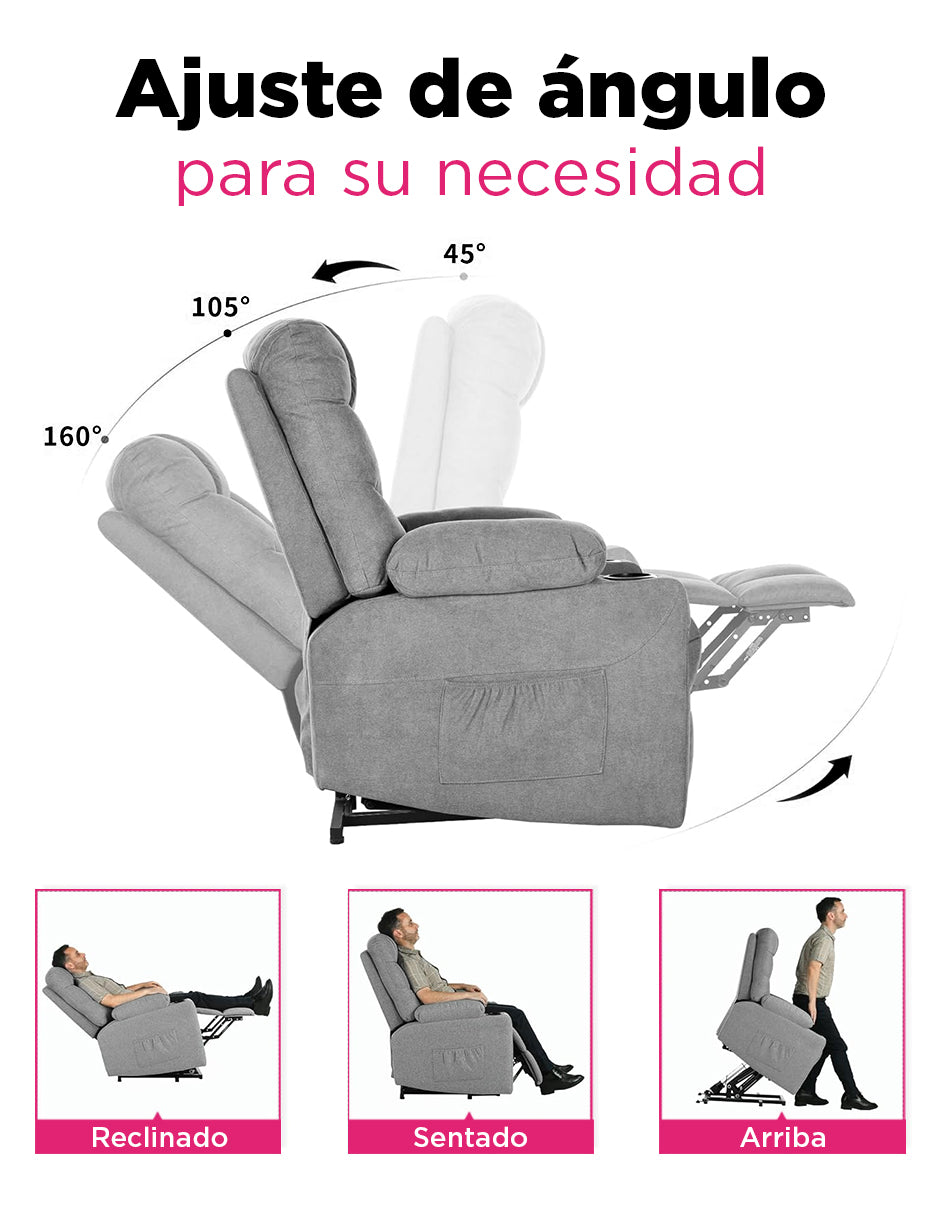Sillón Reclinable Elevador Eléctrico Reposet Weimar Gris con Masaje, Calefacción, Portavasos y Bolsillos Laterales