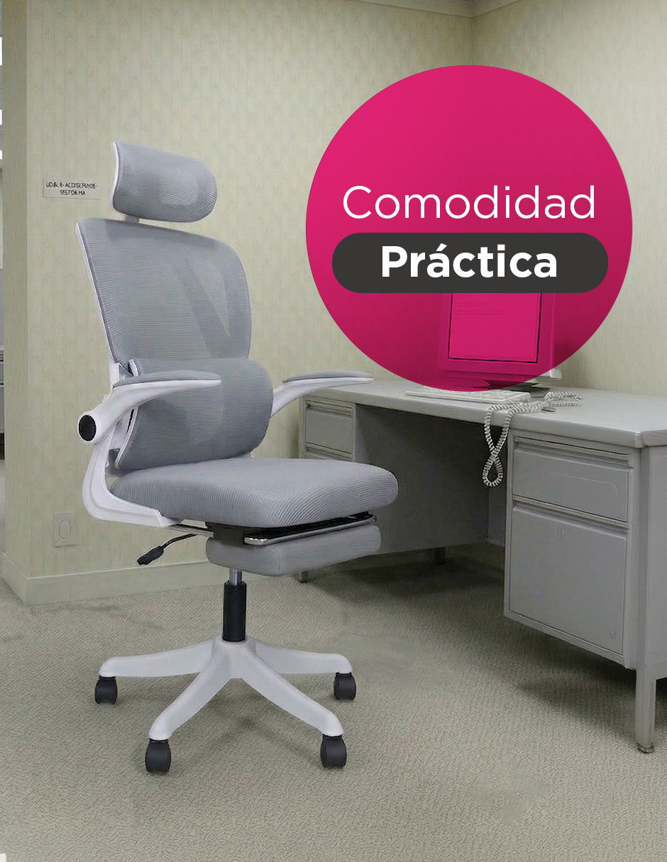 Silla De Oficia Ejecutiva Con Reposacabeza, Soporte Lumbar Descansapie Neutra Gris