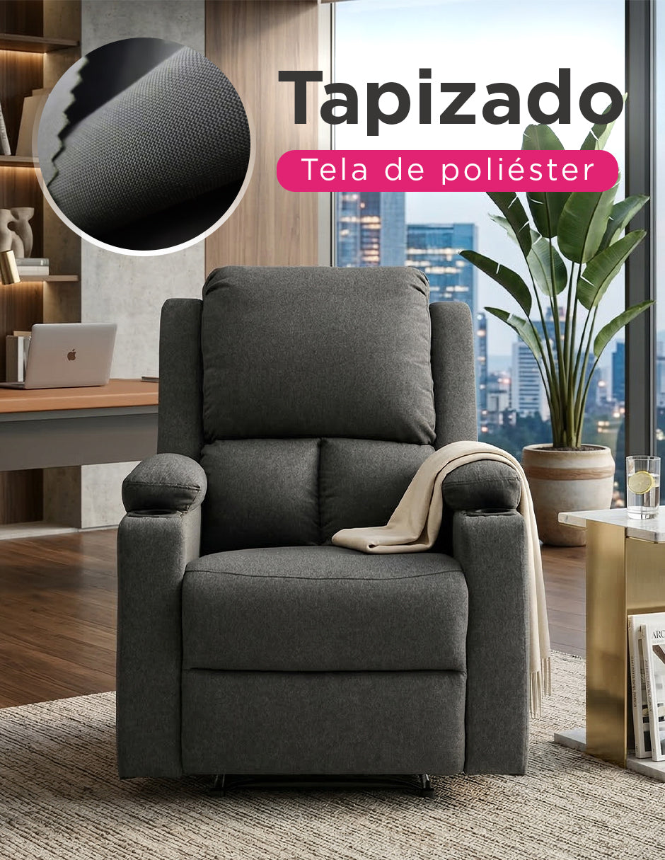 Sillón Reposet Reclinable Manual Toscano Gris Oscuro Tapizado en Tela de Poliéster