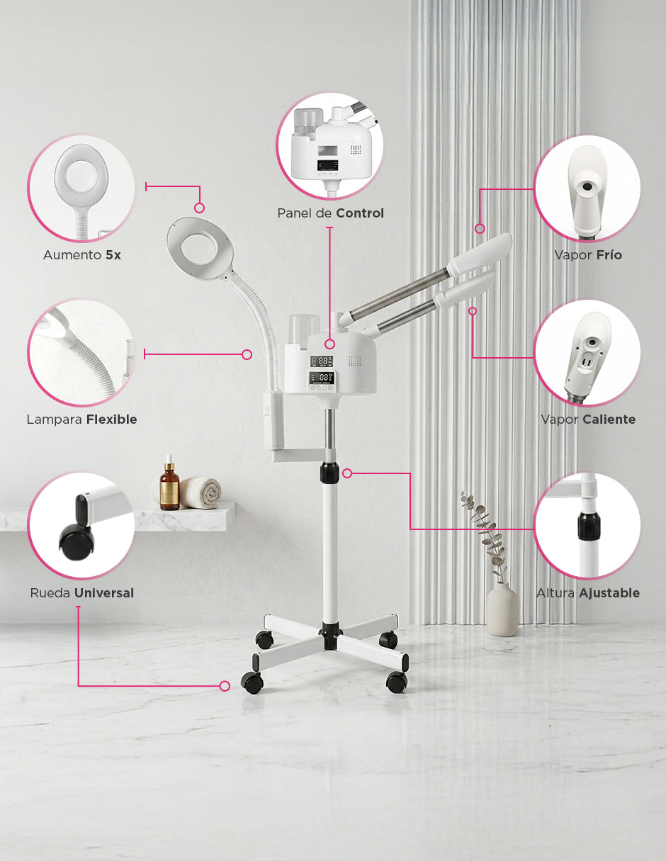 Vaporizador Facial Profesional Ellen Blanco – Equipo para Spa con Lámpara Flexible y de Aumento 5x