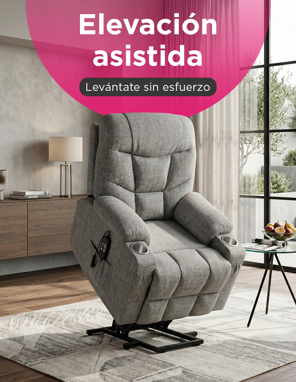 Sillón Reclinable Elevador Eléctrico Reposet Weimar Gris con Masaje, Calefacción, Portavasos y Bolsillos Laterales