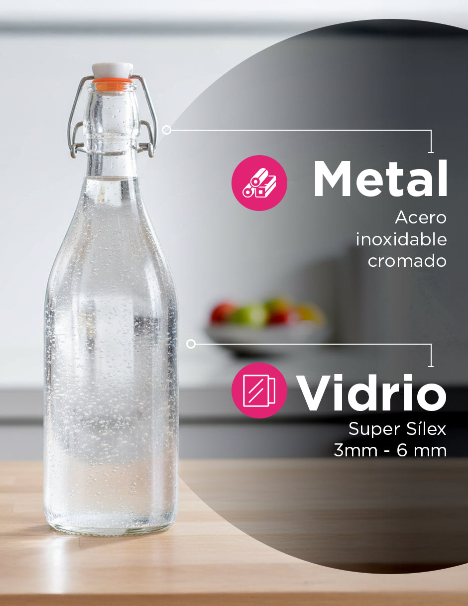Botella de Vidrio de 1 Litro (8 Pzs) - Tapón Hermético para Bebidas y Fermentados