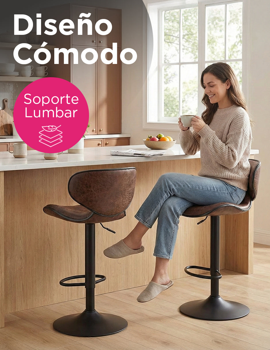 Par de Bancos para Bar Málaga Elegantes con Altura Ajustable, Base Cromada y Tapizado de Vinilo Café (Set de 2 Piezas)