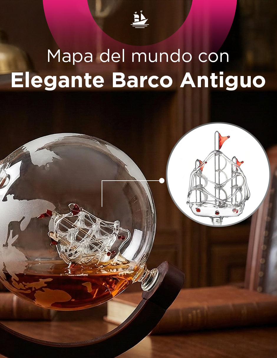 Decantador Premium Dover 850 ml - Kit de Cristalería con Diseño de Navegación y Mapamundi