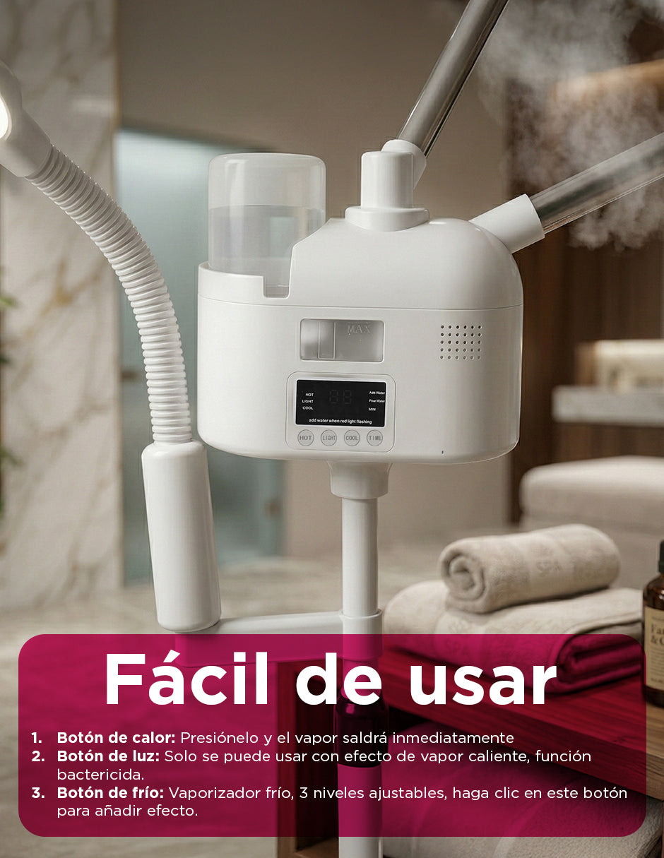 Vaporizador Facial Profesional Ellen Blanco – Equipo para Spa con Lámpara Flexible y de Aumento 5x