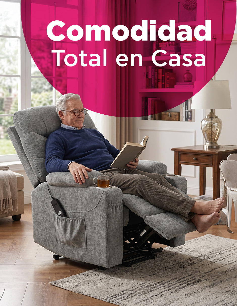Sillón Reclinable Elevador Eléctrico Reposet Weimar Gris con Masaje, Calefacción, Portavasos y Bolsillos Laterales
