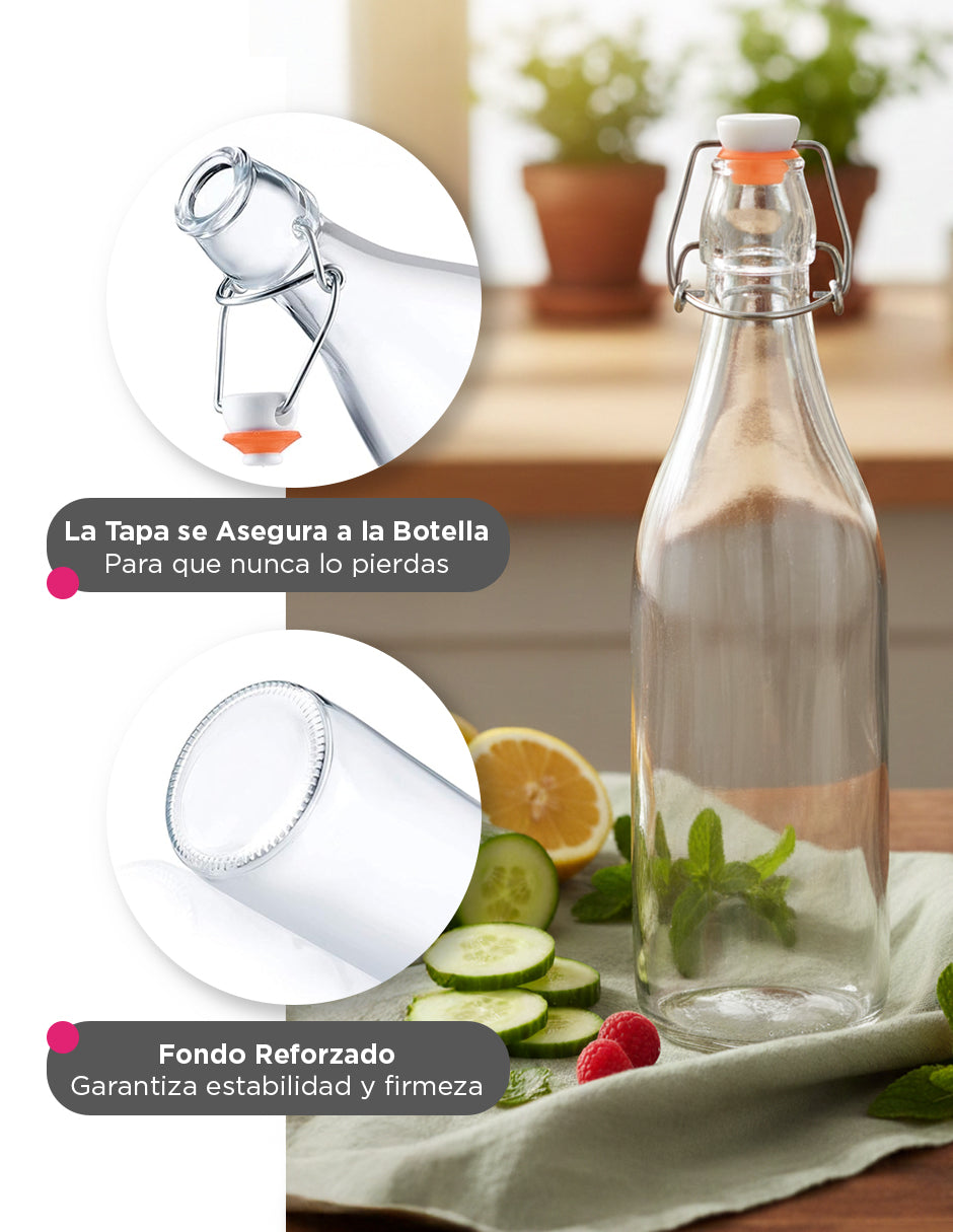 Botella de Vidrio de 1 Litro (8 Pzs) - Tapón Hermético para Bebidas y Fermentados