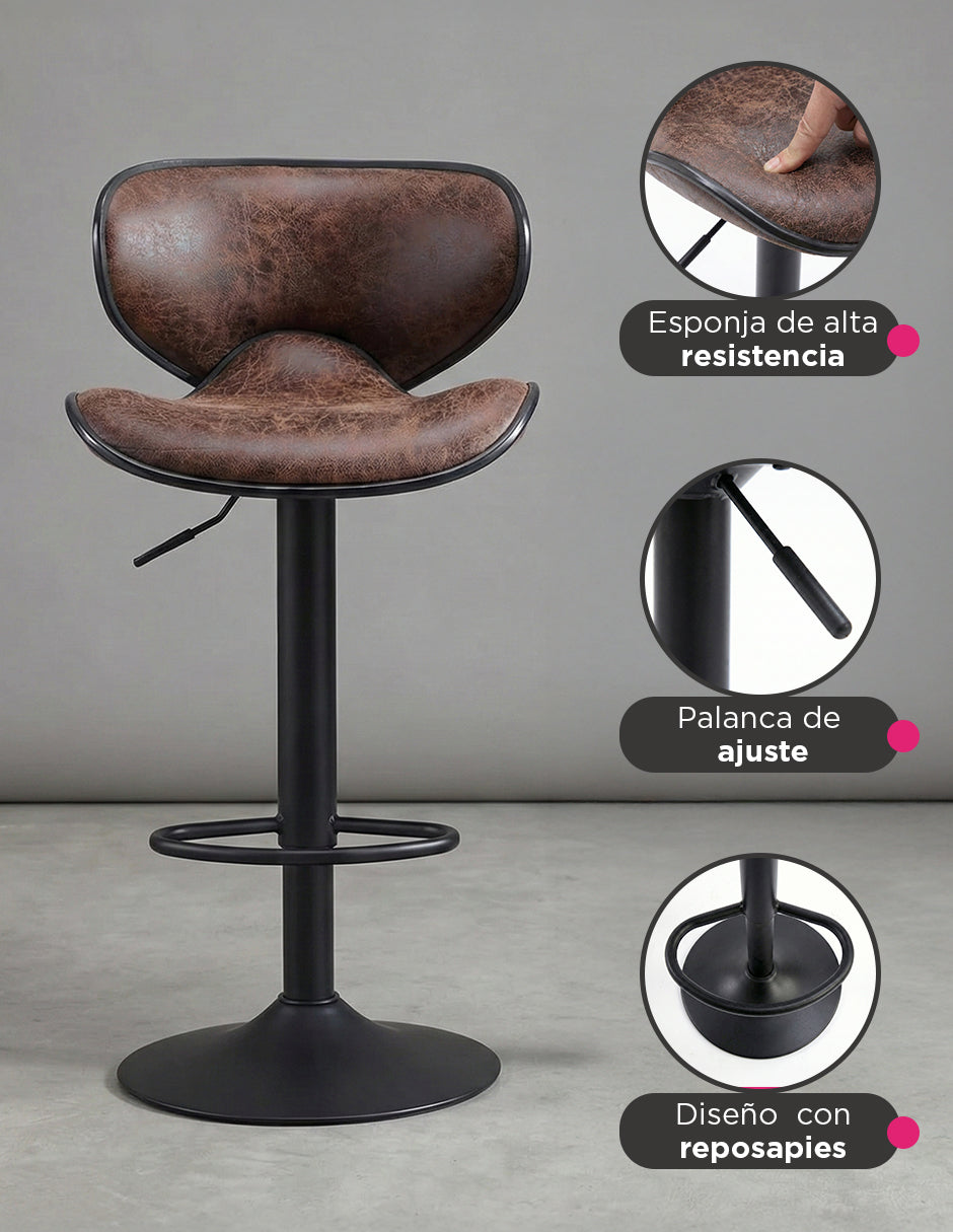 Par de Bancos para Bar Málaga Elegantes con Altura Ajustable, Base Cromada y Tapizado de Vinilo Café (Set de 2 Piezas)
