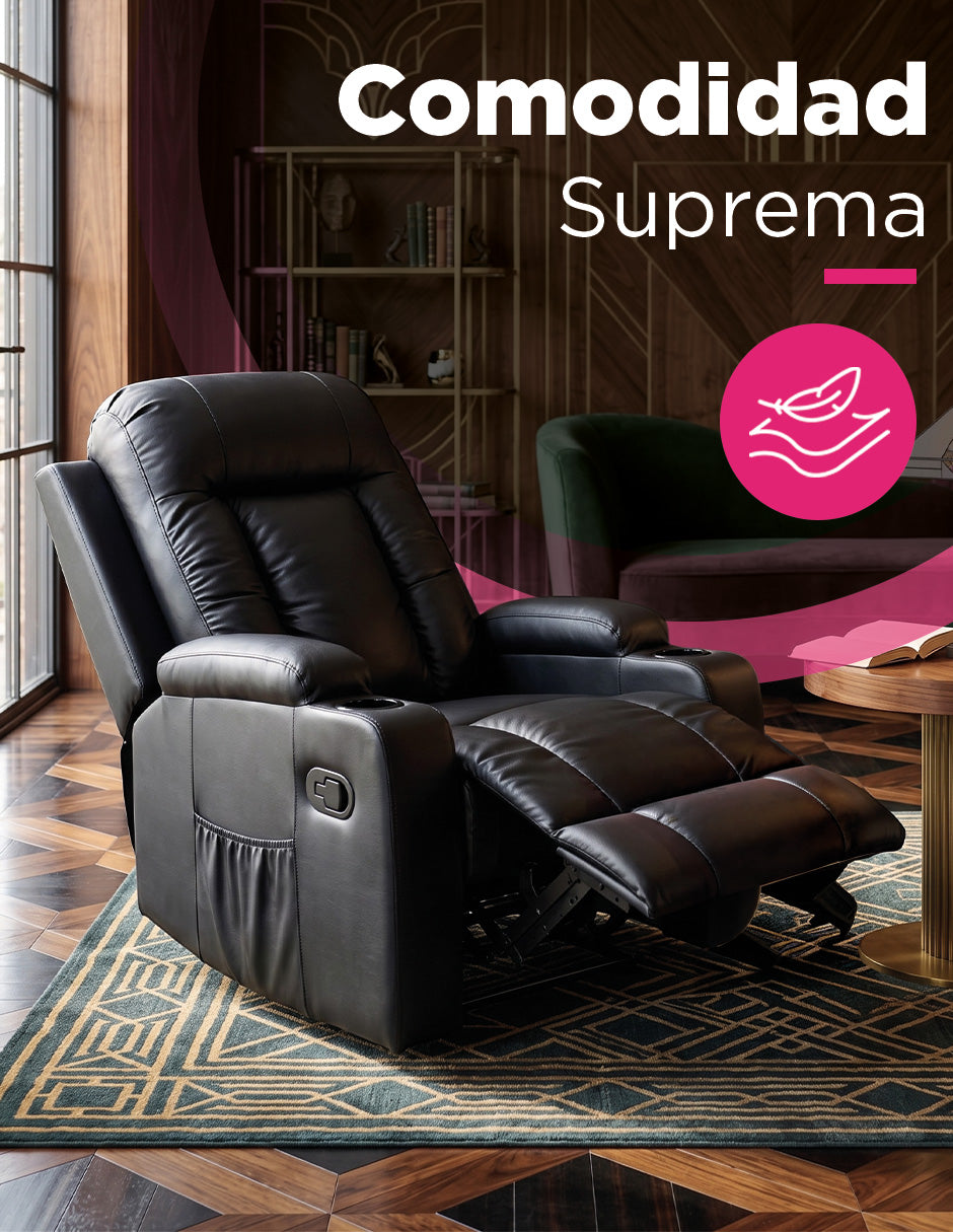 Sillón Reposet Manual Napoli Vanlig - Reclinable de Vinipiel Negro para Sala u Oficina