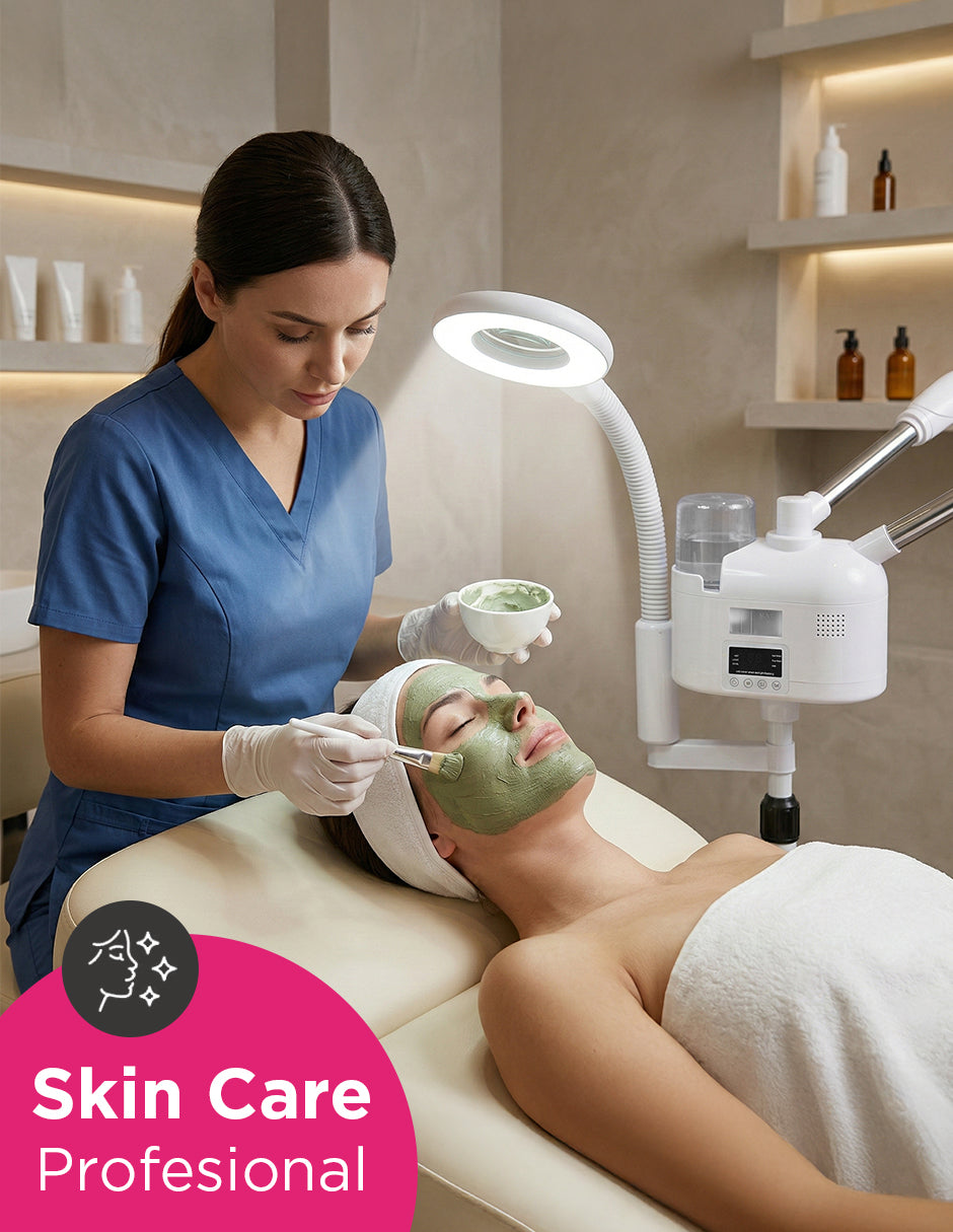 Vaporizador Facial Profesional Ellen Blanco – Equipo para Spa con Lámpara Flexible y de Aumento 5x
