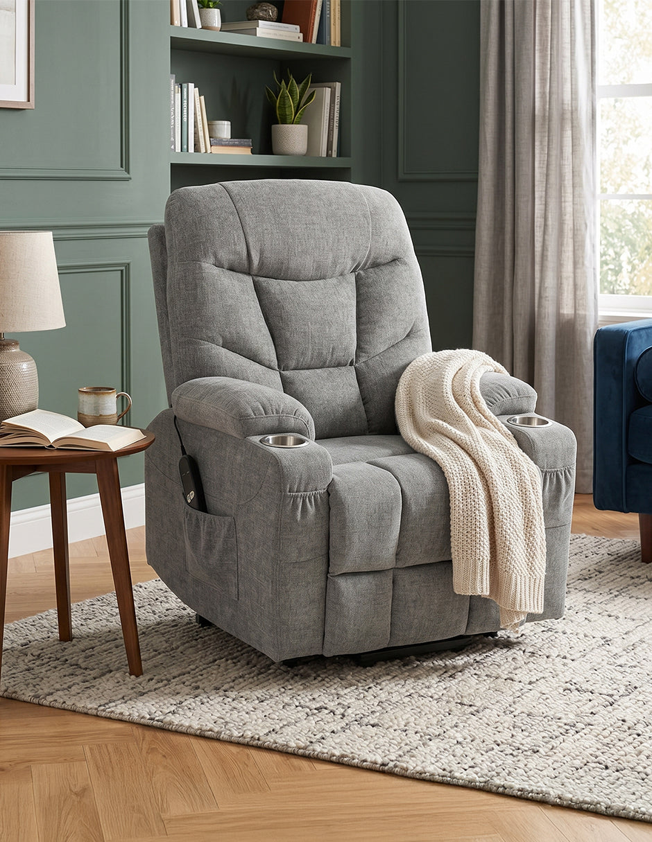 Sillón Reclinable Elevador Eléctrico Reposet Weimar Gris con Masaje, Calefacción, Portavasos y Bolsillos Laterales