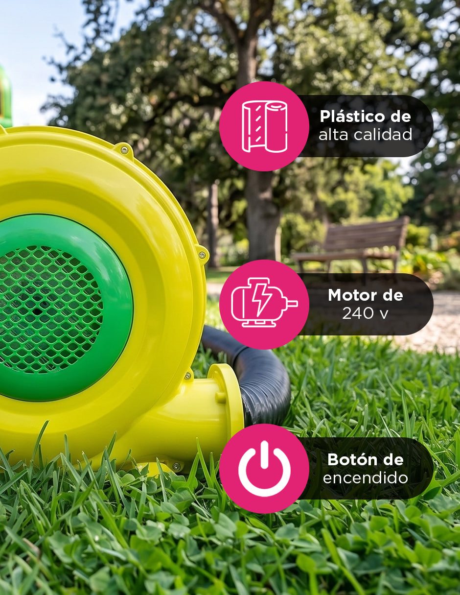 Motor Soplador para Inflables de 240V y 250W con Enchufe Europeo, Rejilla de Protección y Juego de 4 Estacas