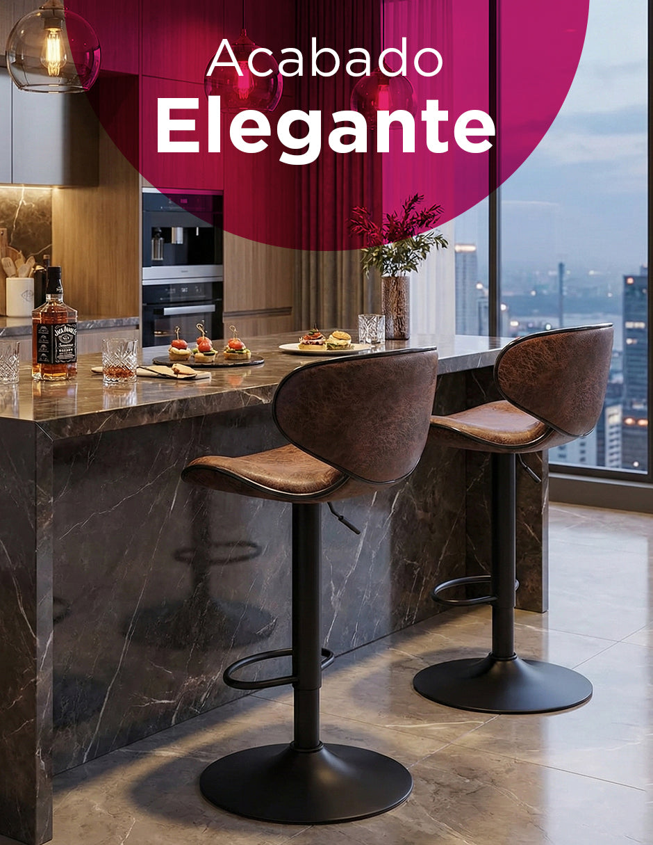 Par de Bancos para Bar Málaga Elegantes con Altura Ajustable, Base Cromada y Tapizado de Vinilo Café (Set de 2 Piezas)