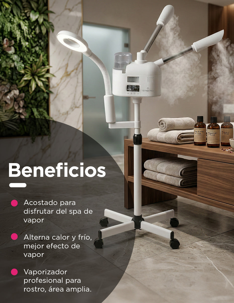 Vaporizador Facial Profesional Ellen Blanco – Equipo para Spa con Lámpara Flexible y de Aumento 5x