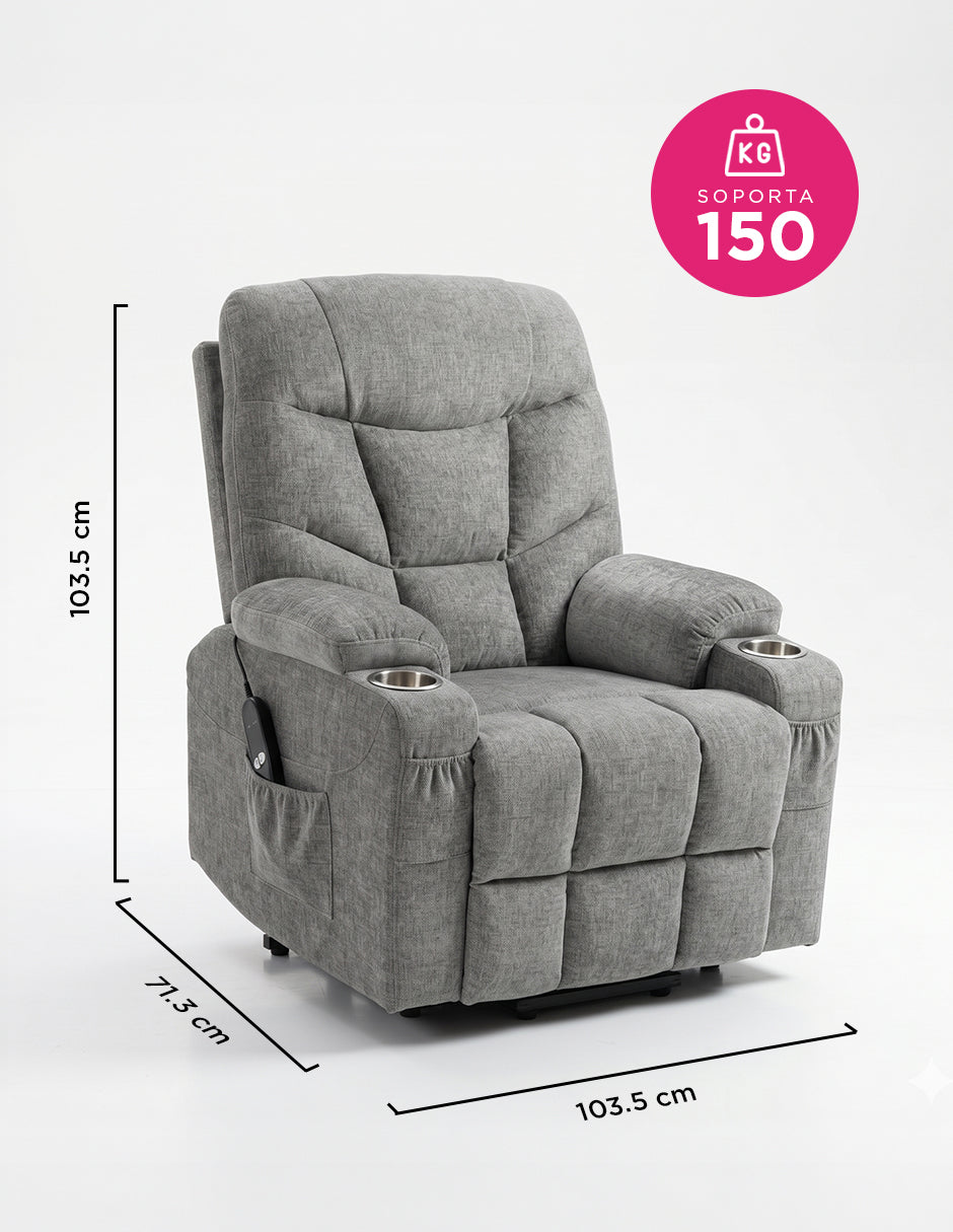 Sillón Reclinable Elevador Eléctrico Reposet Weimar Gris con Masaje, Calefacción, Portavasos y Bolsillos Laterales