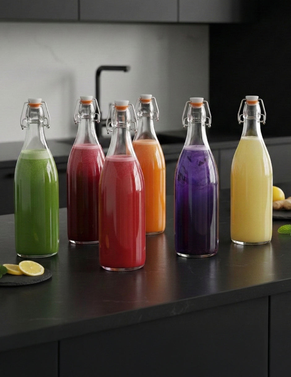Botella de Vidrio de 1 Litro (8 Pzs) - Tapón Hermético para Bebidas y Fermentados