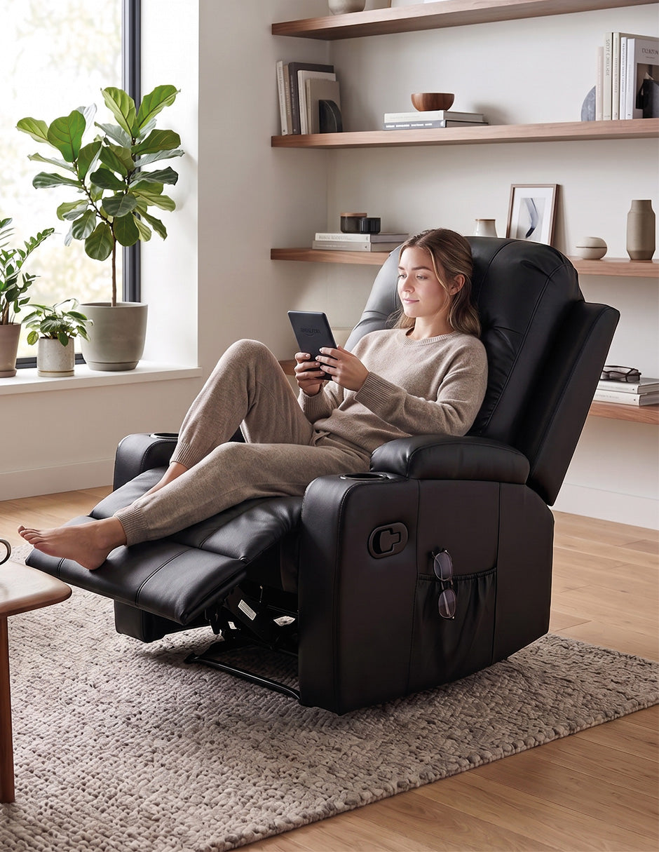 Sillón Reposet Manual Napoli Vanlig - Reclinable de Vinipiel Negro para Sala u Oficina