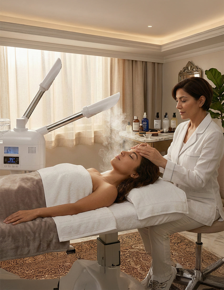 Vaporizador Facial Profesional Ellen Blanco – Equipo para Spa con Lámpara Flexible y de Aumento 5x