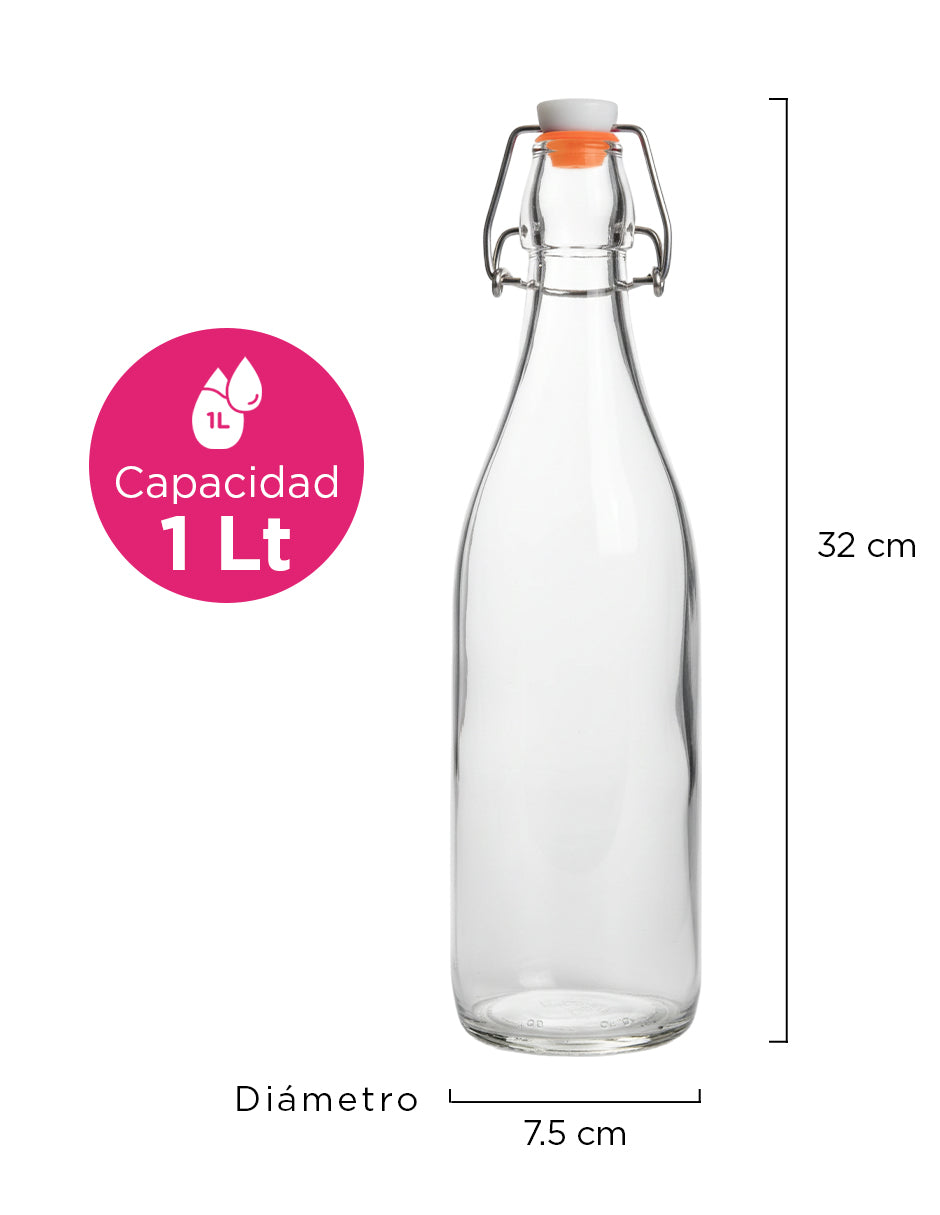 Botella de Vidrio de 1 Litro (8 Pzs) - Tapón Hermético para Bebidas y Fermentados