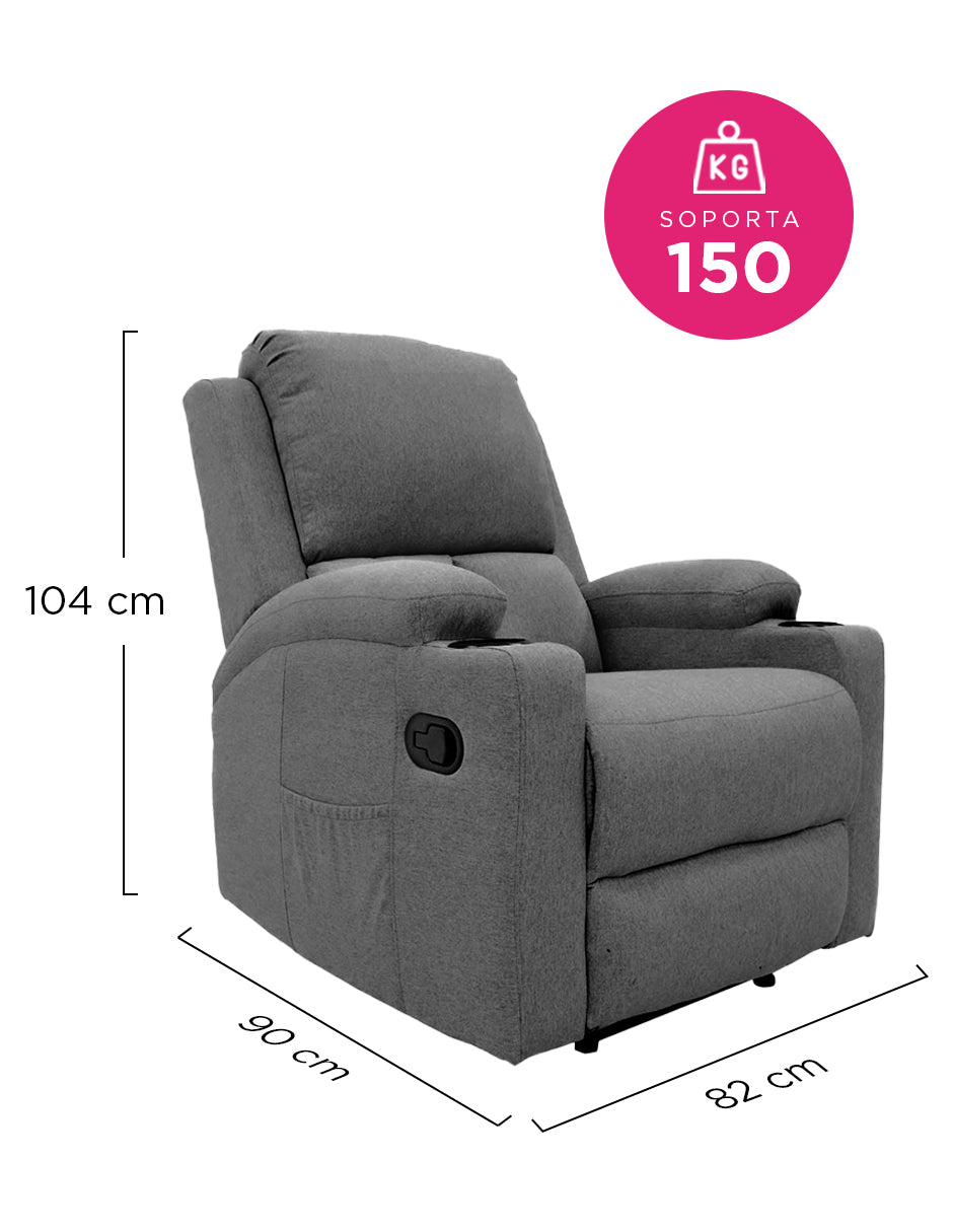 Sillón Reposet Reclinable Manual Toscano Gris Oscuro Tapizado en Tela de Poliéster