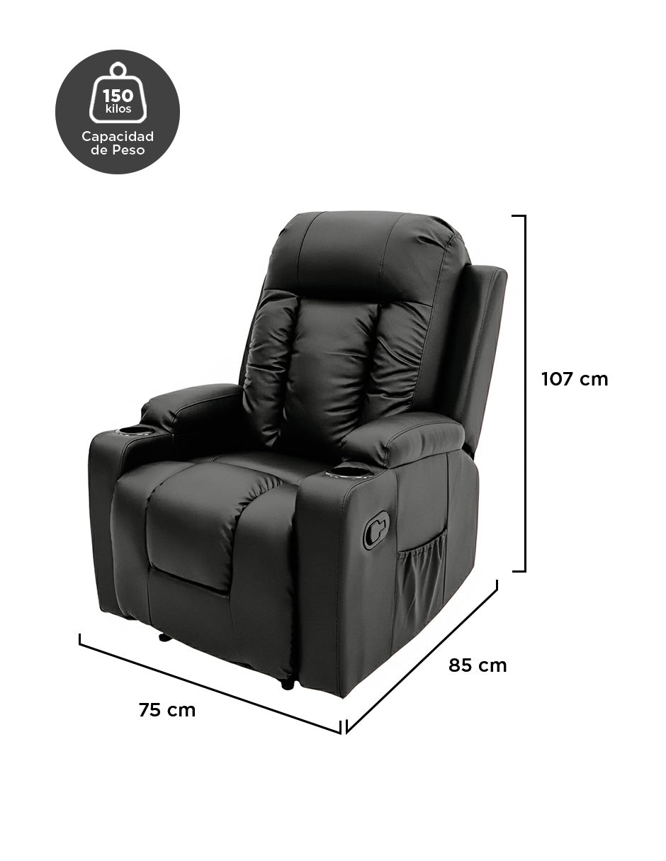 Sillón Reposet Manual Napoli Vanlig - Reclinable de Vinipiel Negro para Sala u Oficina