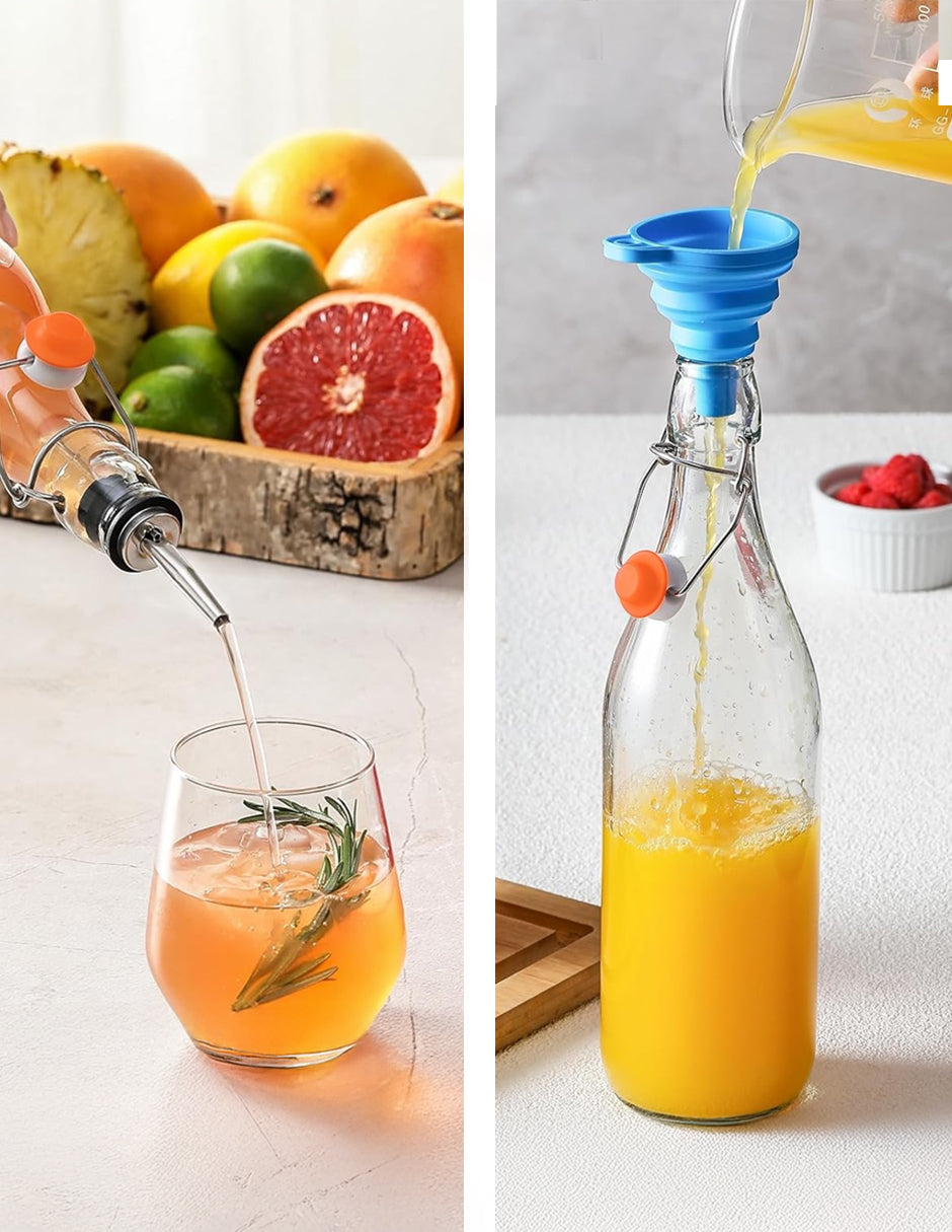 Botella de Vidrio de 1 Litro (8 Pzs) - Tapón Hermético para Bebidas y Fermentados