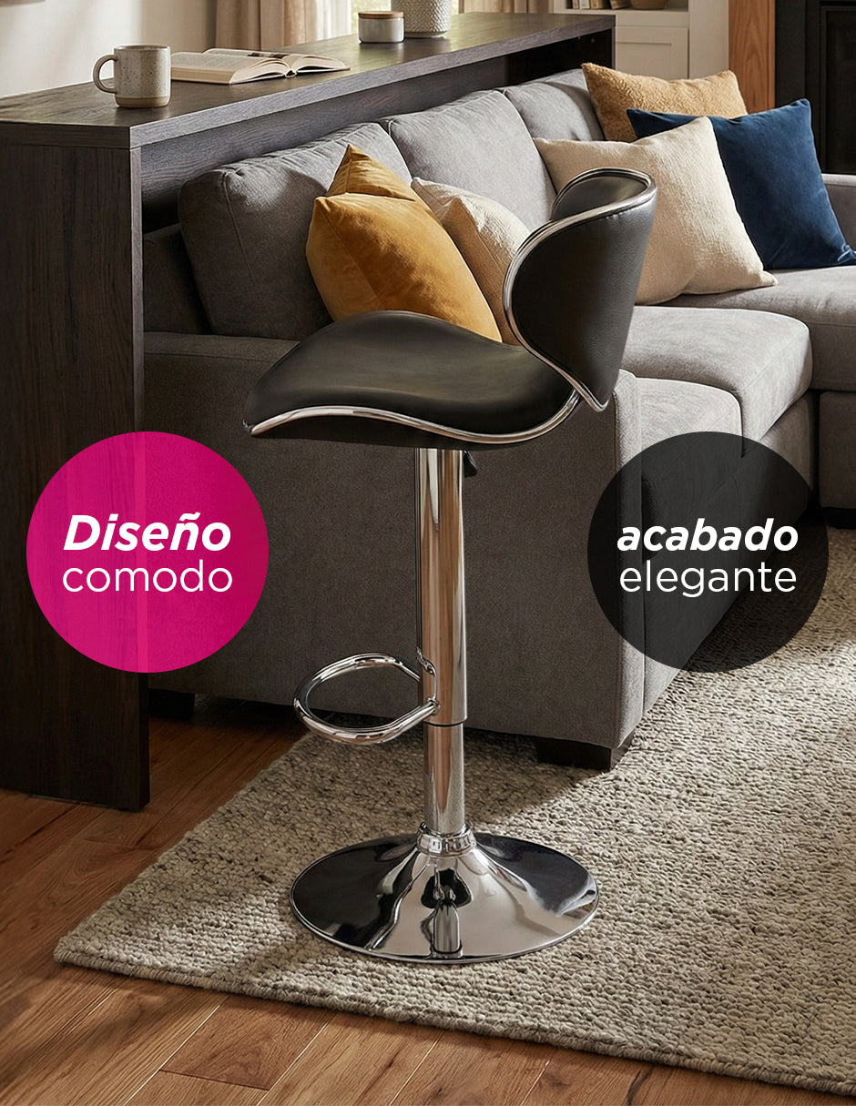 Par de Bancos para Bar Málaga Elegantes con Altura Ajustable, Base Cromada y Tapizado de Vinilo Negro (Set de 2 Piezas)