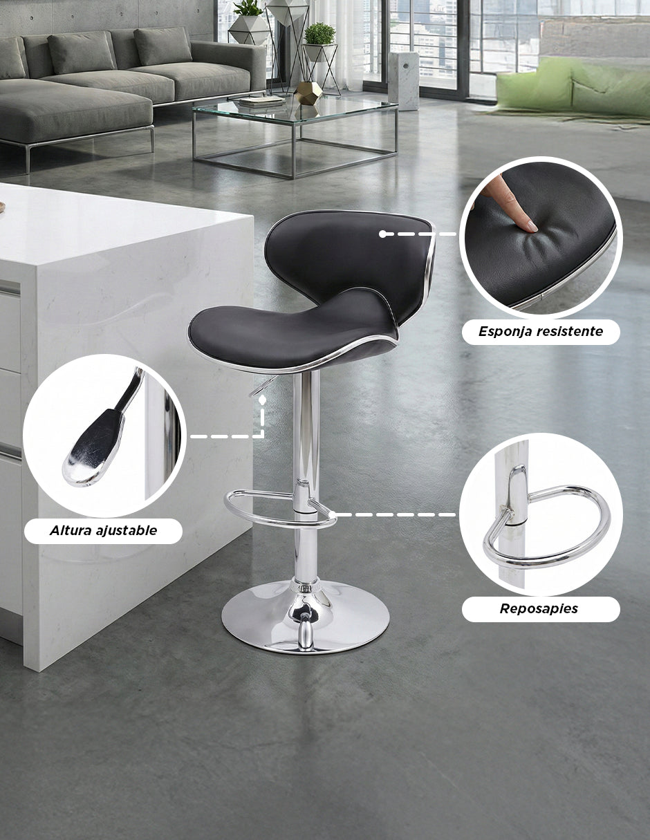 Par de Bancos para Bar Málaga Elegantes con Altura Ajustable, Base Cromada y Tapizado de Vinilo Negro (Set de 2 Piezas)