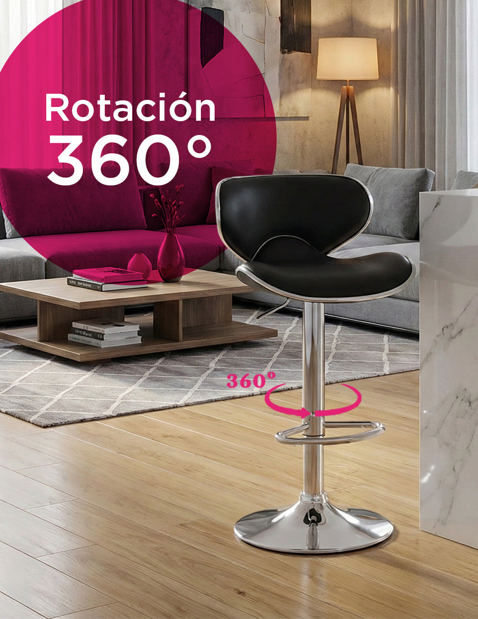 Par de Bancos para Bar Málaga Elegantes con Altura Ajustable, Base Cromada y Tapizado de Vinilo Negro (Set de 2 Piezas)