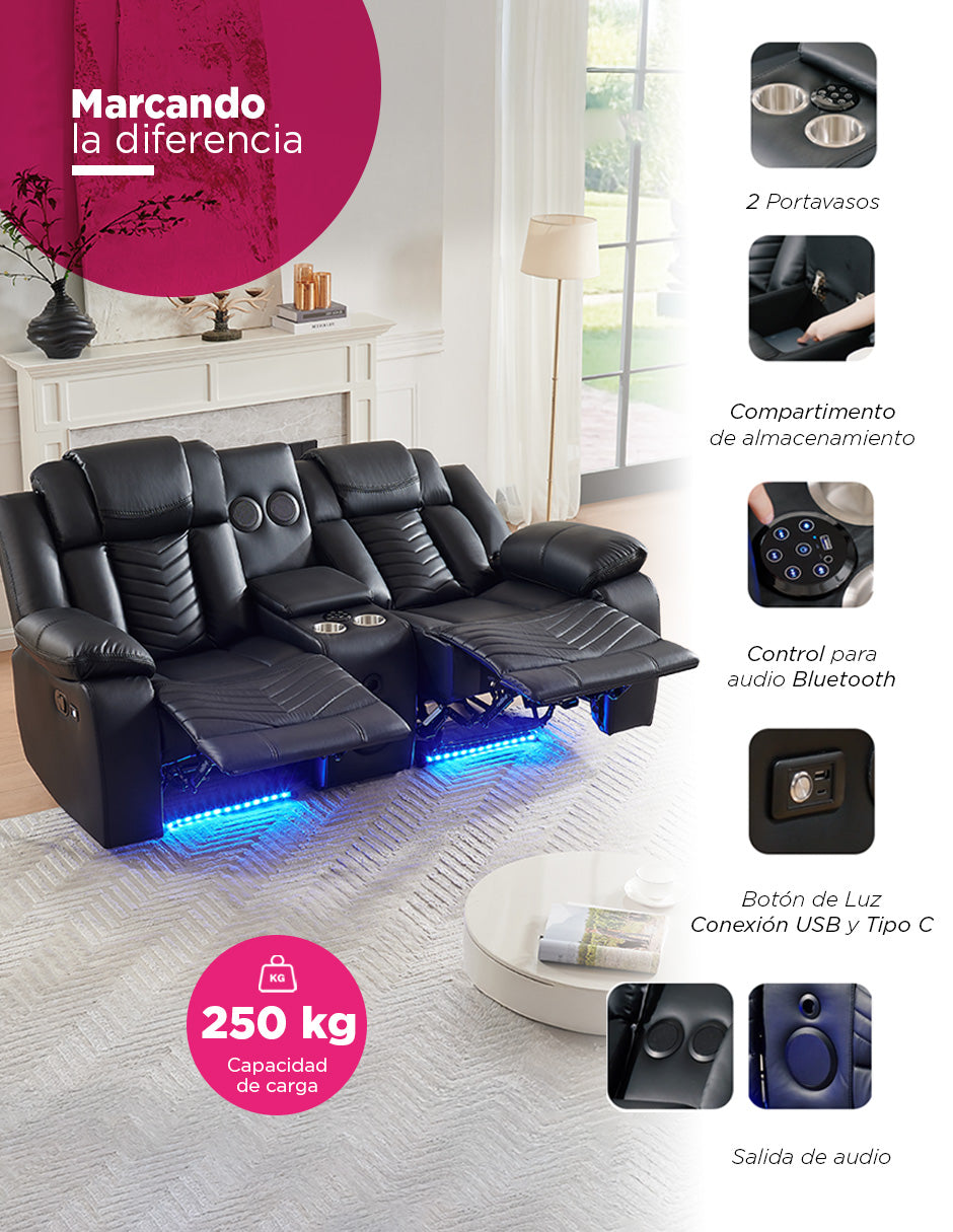 Sala De Lujo Moderna Cine Reclinable Led c/consola Bluetooth Lindau