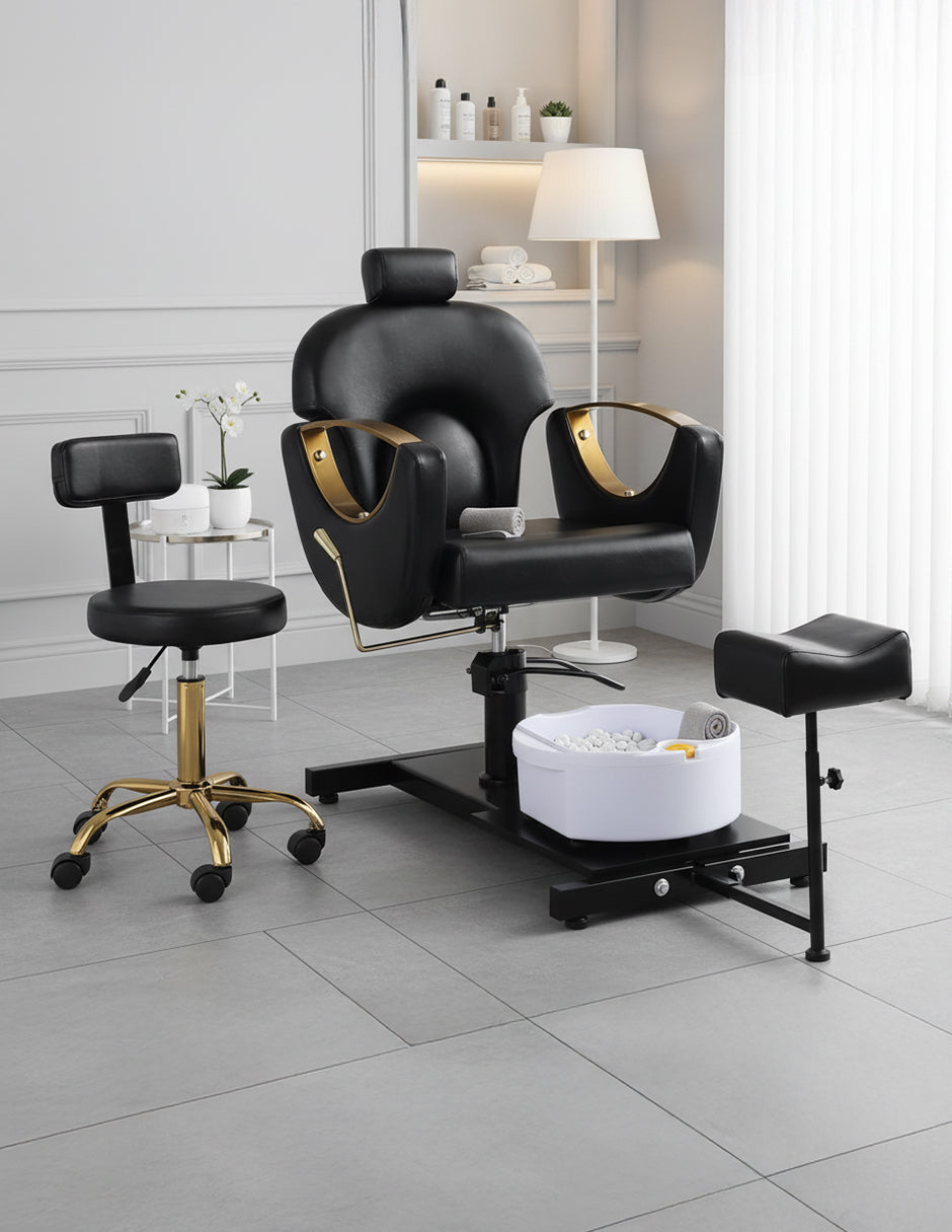 Set Estación de Pedicura Profesional 3 en 1 (Silla, Banco y Reposapiés)