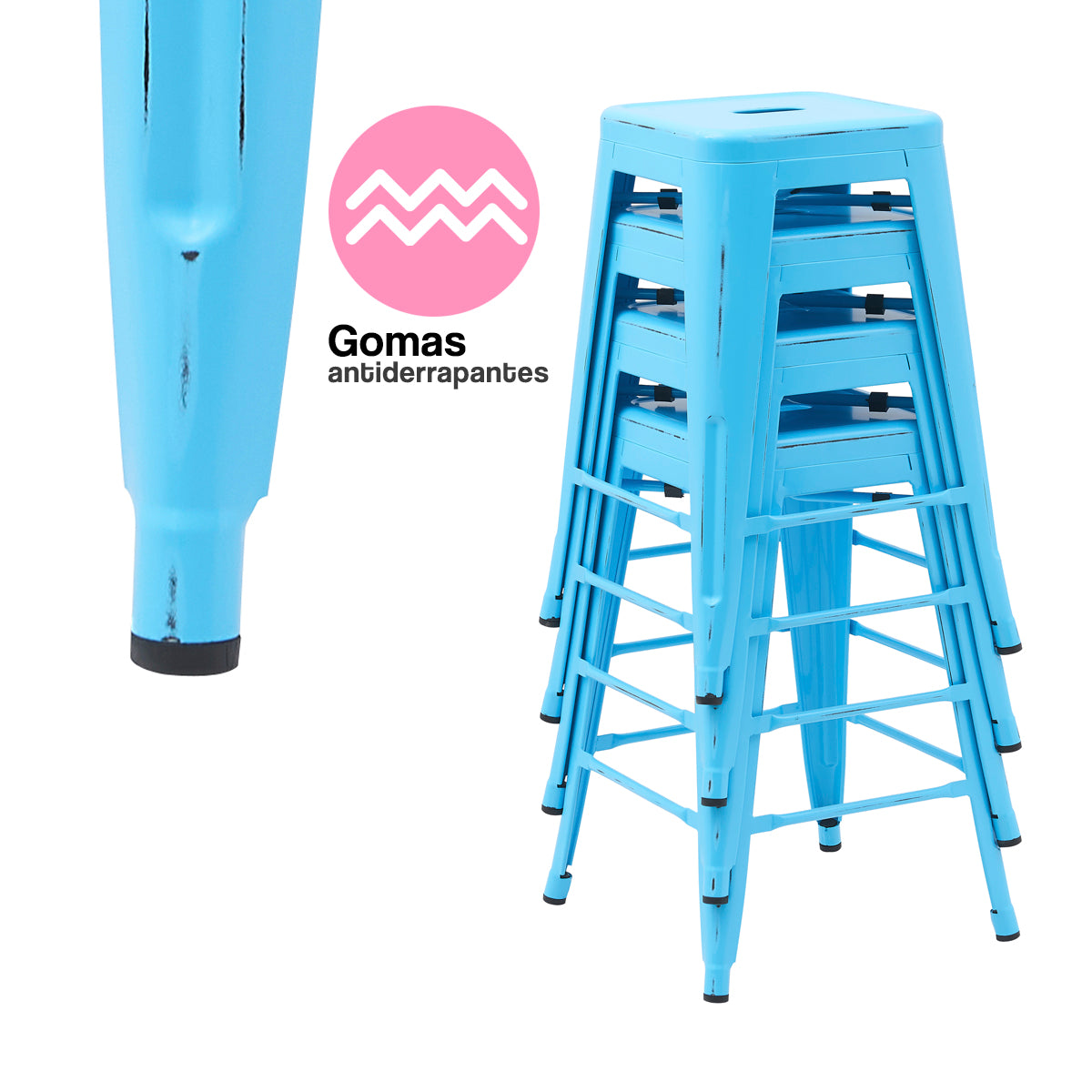 Set de 4 Bancos Altos Valencia 60 cm - Estilo Tolix Industrial Azul para Barra y Desayunador