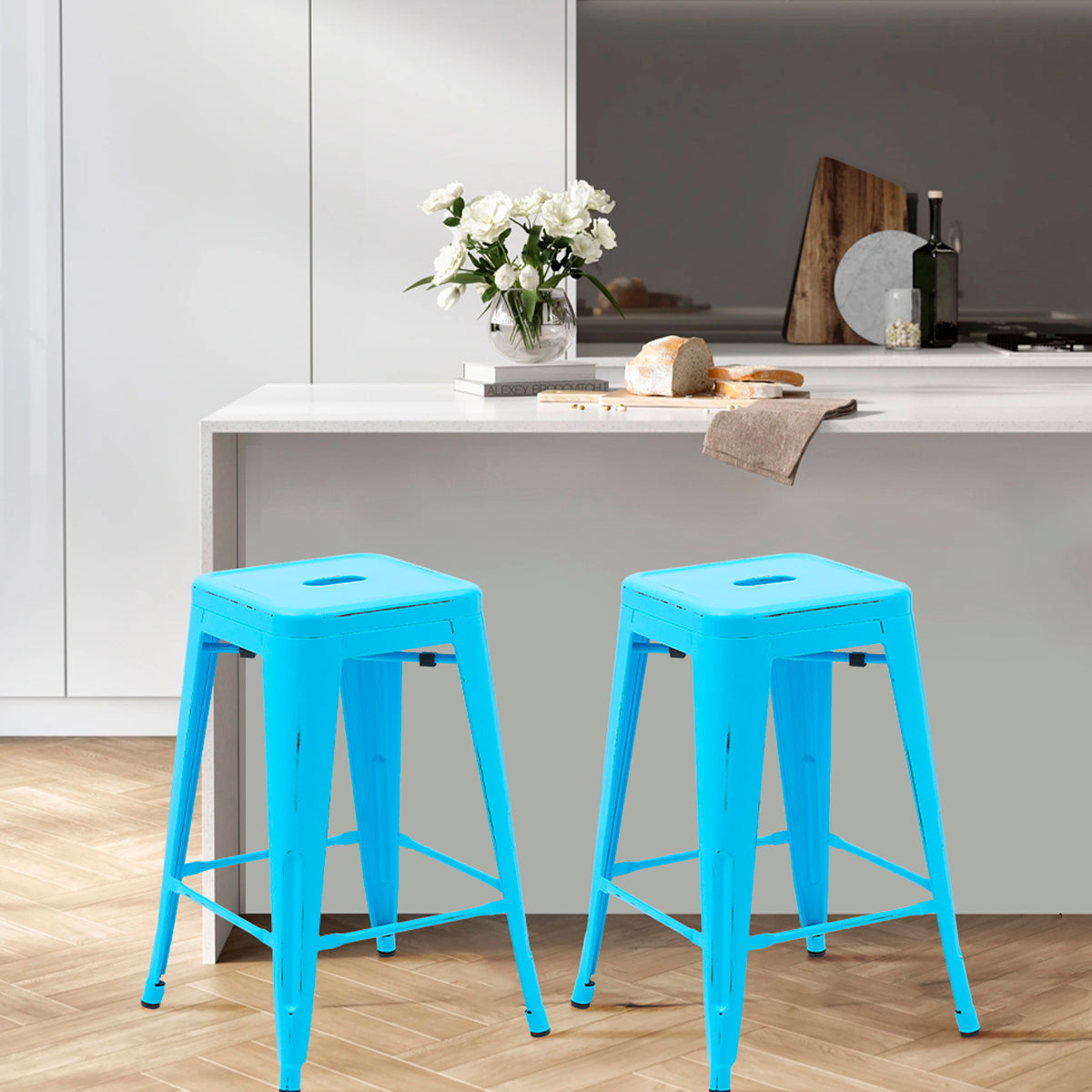 Set de 4 Bancos Altos Valencia 60 cm - Estilo Tolix Industrial Azul para Barra y Desayunador