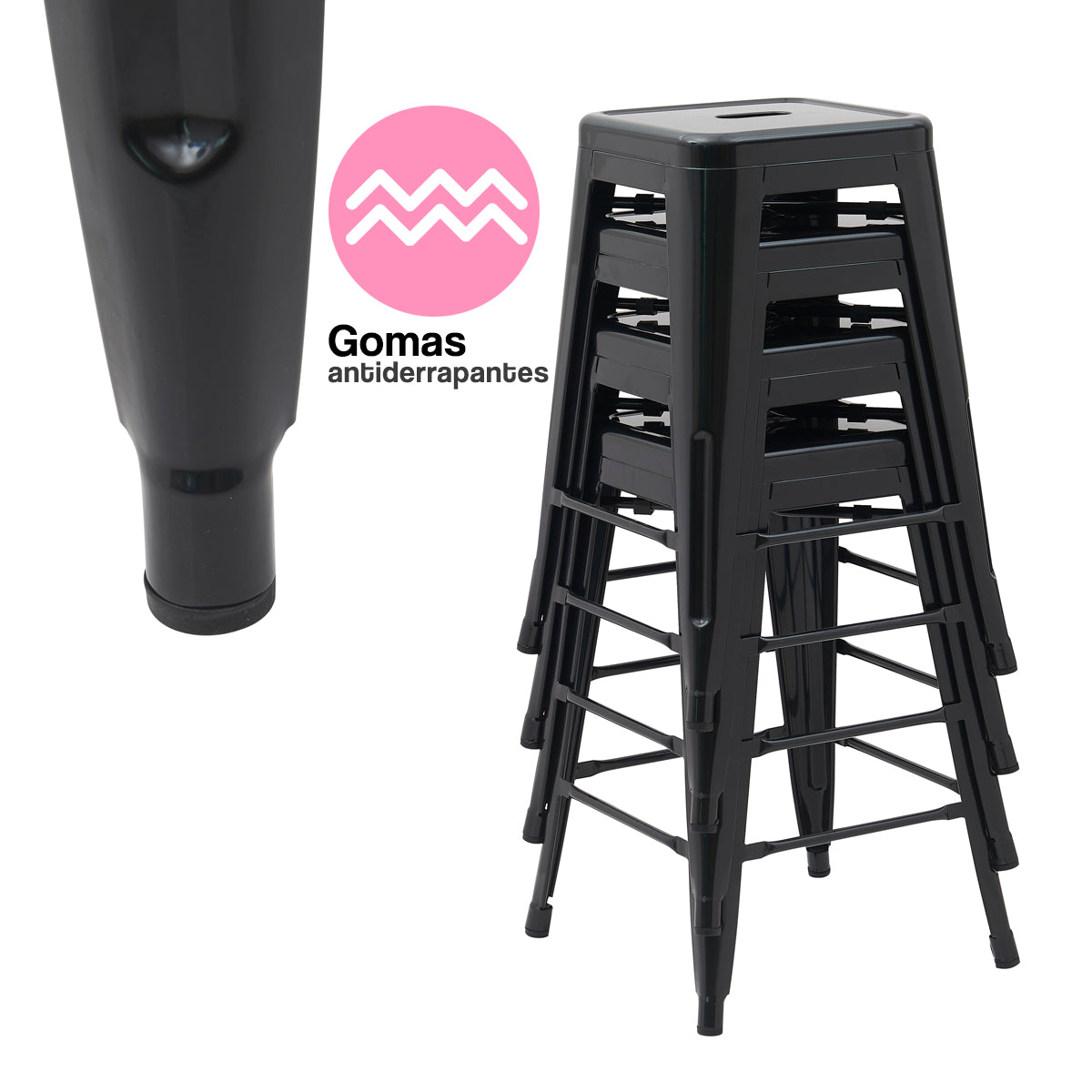 Set de 4 Bancos Altos Valencia 60 cm - Estilo Tolix Industrial Negro para Barra y Desayunador