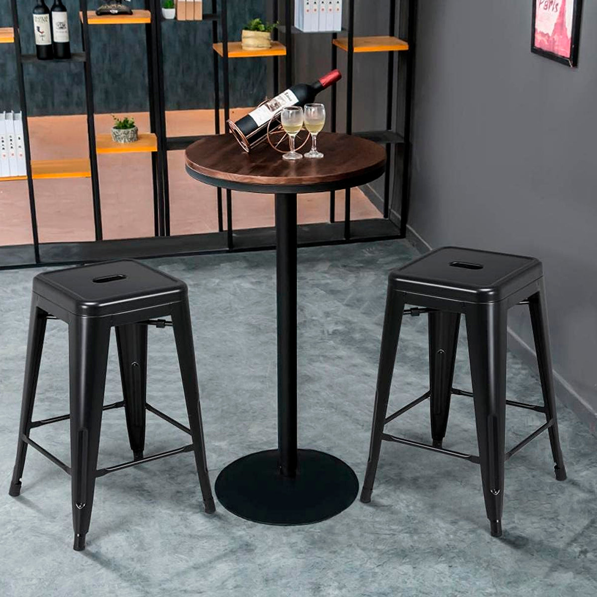 Set de 4 Bancos Altos Valencia 60 cm - Estilo Tolix Industrial Negro para Barra y Desayunador