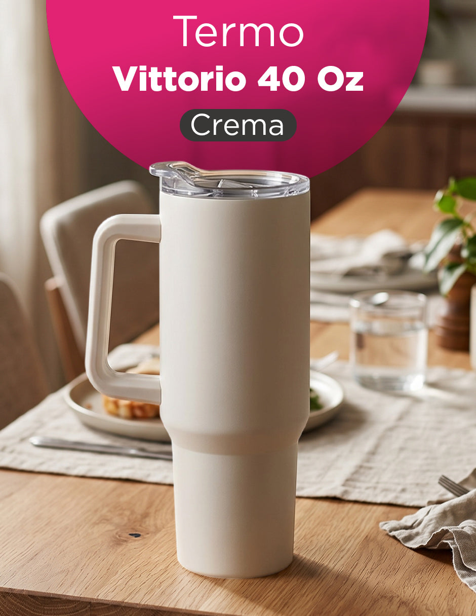 Set de 8 Termos de Acero Inoxidable con Asa Antiderrames Vittorio 40oz Crema