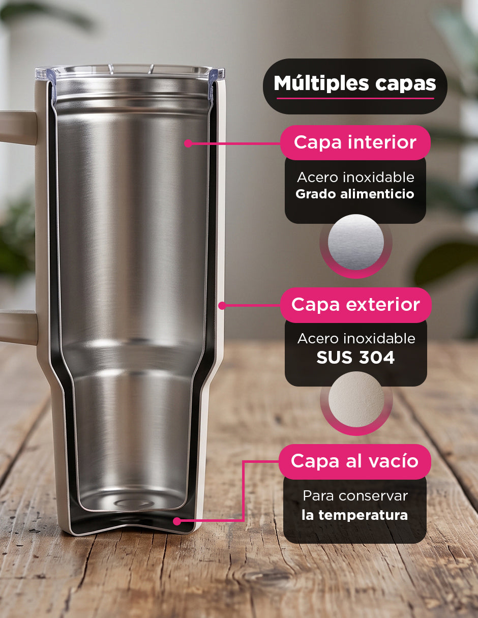 Set de 8 Termos de Acero Inoxidable con Asa Antiderrames Vittorio 40oz Crema
