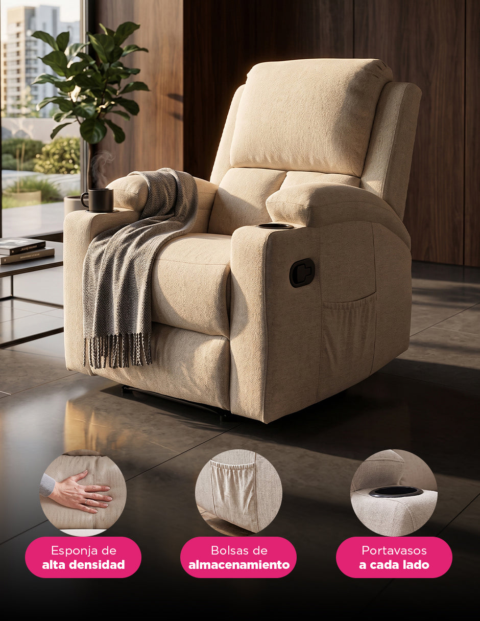 Sillón Reposet Reclinable Manual Toscano Beige Tapizado en Tela de Poliéster