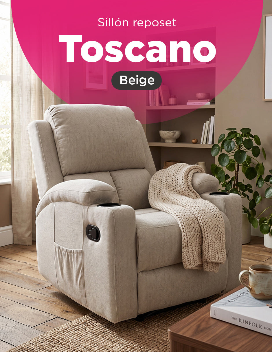 Sillón Reposet Reclinable Manual Toscano Beige Tapizado en Tela de Poliéster