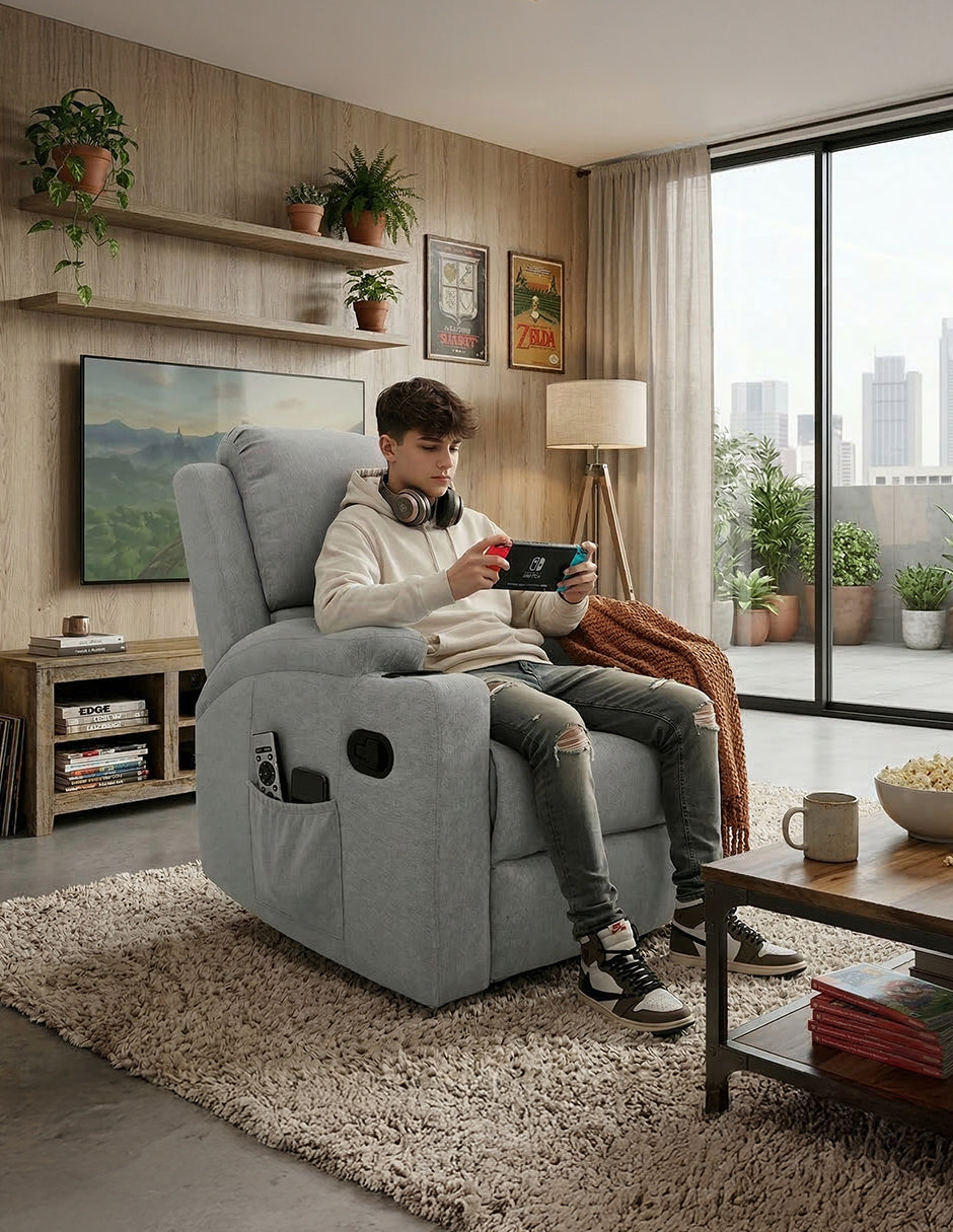 Sillón Reposet Reclinable Manual Toscano Gris Claro Tapizado en Tela de Poliéster