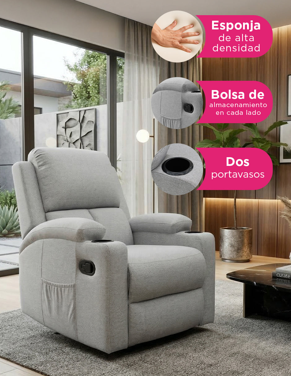 Sillón Reposet Reclinable Manual Toscano Gris Claro Tapizado en Tela de Poliéster