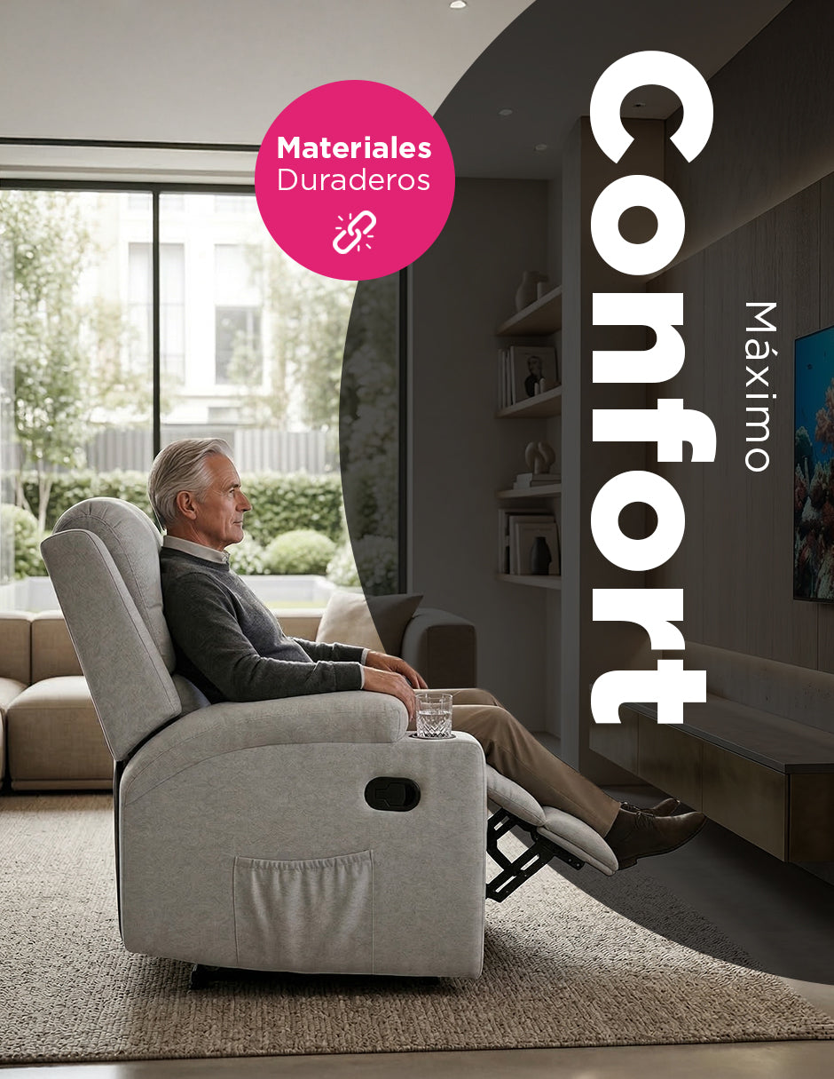 Sillón Reposet Reclinable Manual Toscano Gris Claro Tapizado en Tela de Poliéster