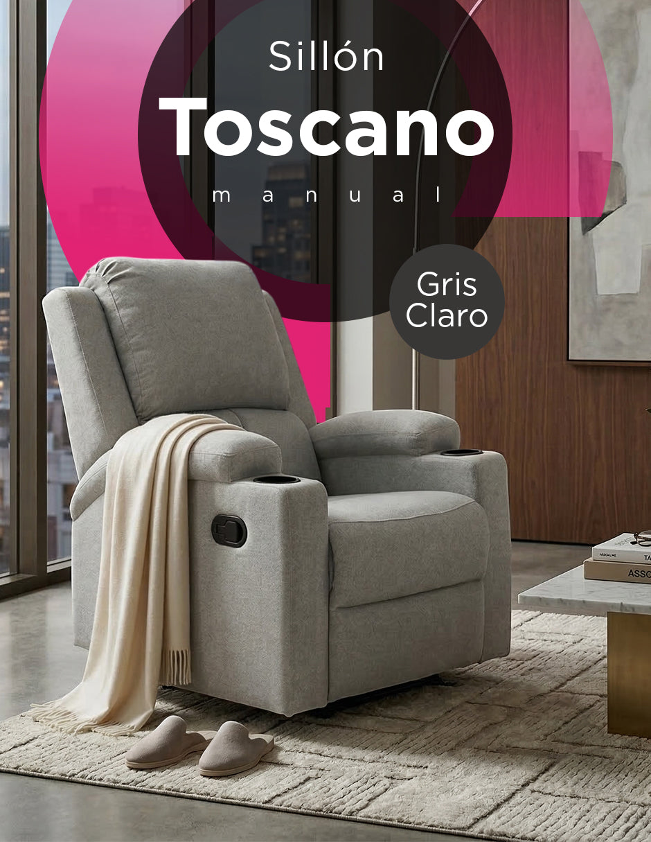 Sillón Reposet Reclinable Manual Toscano Gris Claro Tapizado en Tela de Poliéster
